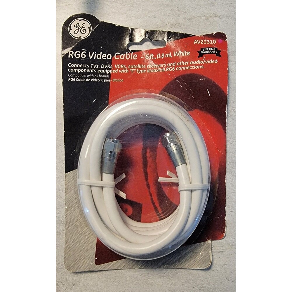 GE RG6 White Video Cable AV23310, 6 Ft (1.8 M) Connects TVs VCRs Etc, New Sealed